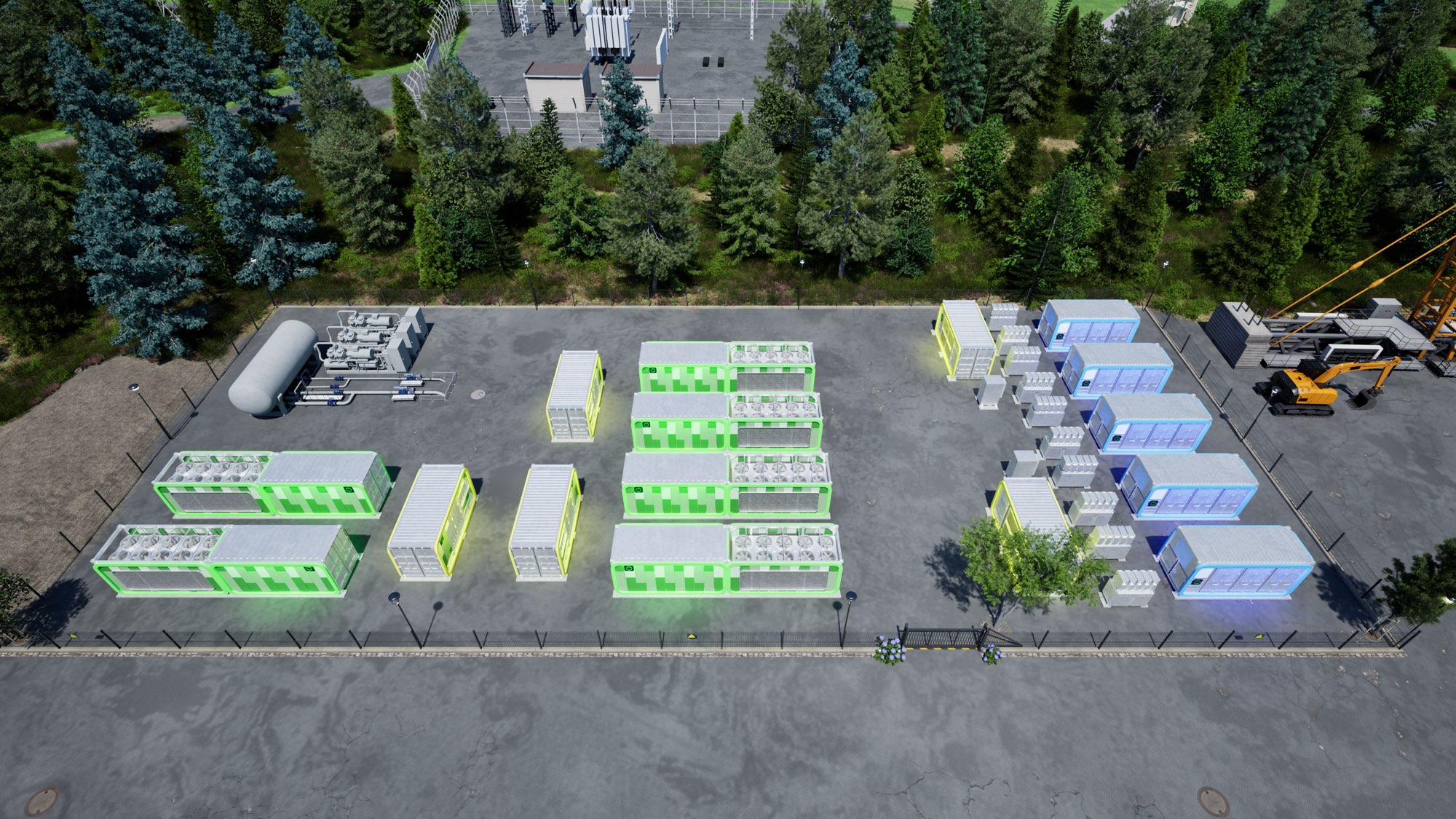 Archive concept rendering of a modular compute campus and adjacent energy equipment.