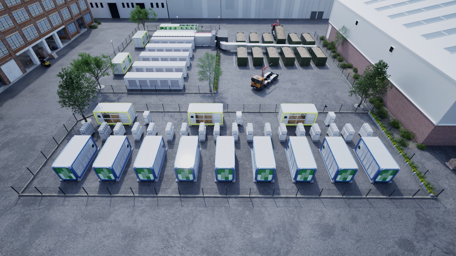 Project rendering of modular infrastructure with adjacent energy equipment.